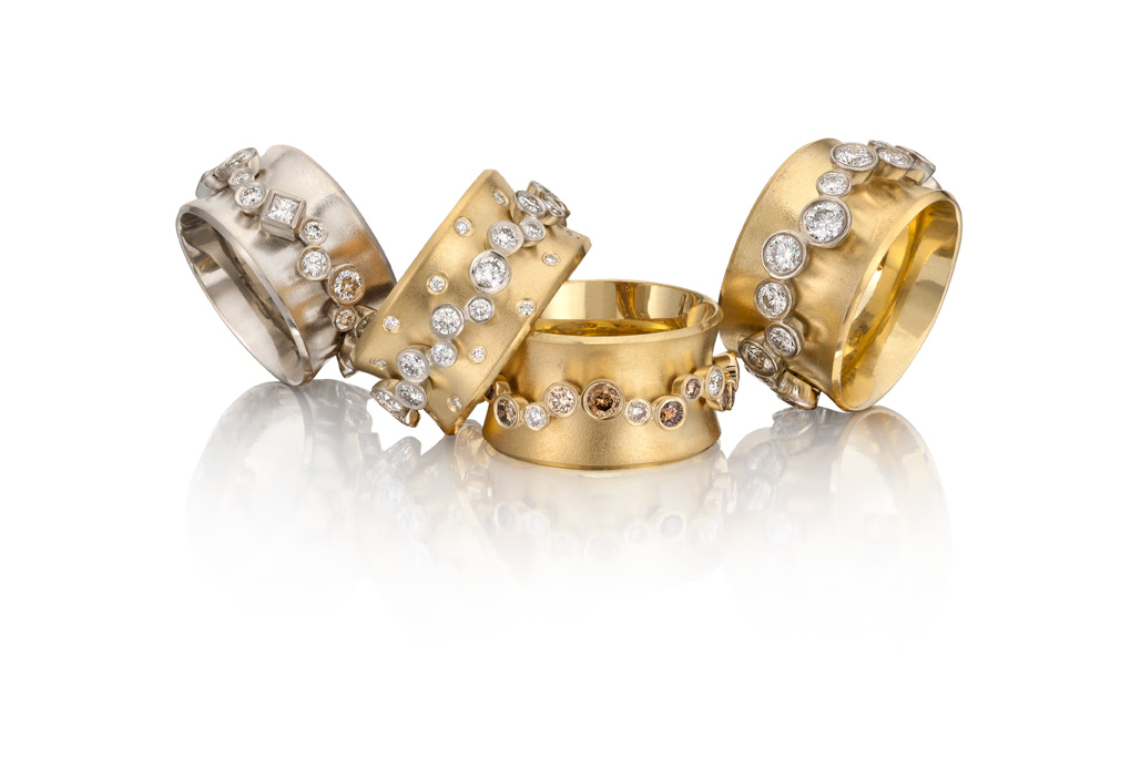 Gabriel Ofiesh, orbit ring, ring,18k, 14kw, gold, diamonds, garland of diamonds, cognac diamonds, princess cut, revolving