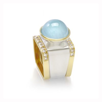 Aquamarine Square Ring 13mm with guard rings